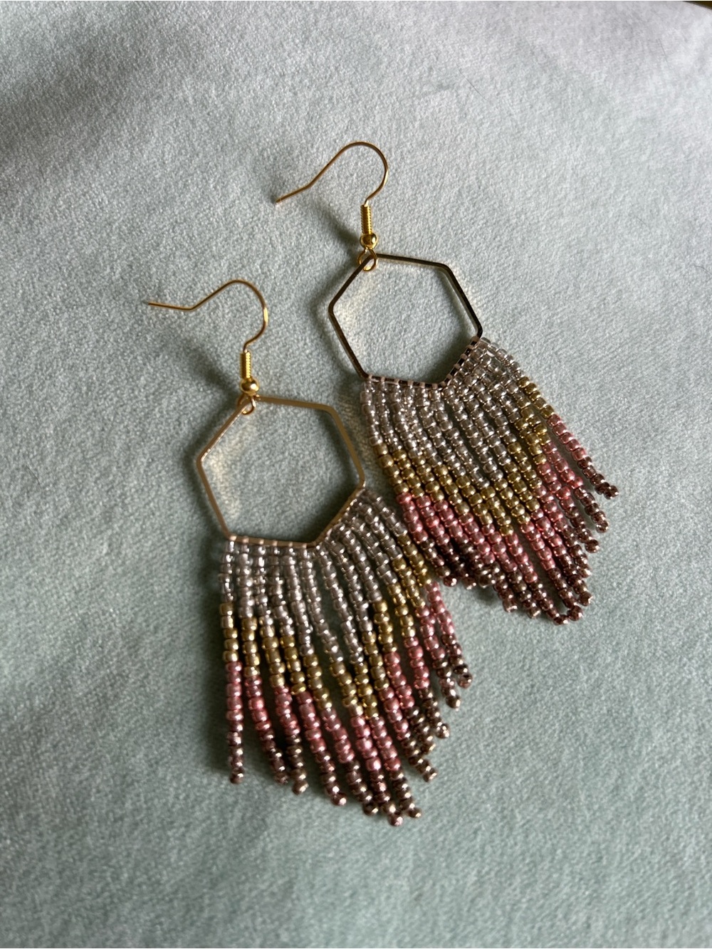Gold Hexagon Fringe Bead Earrings - Pink & Gold